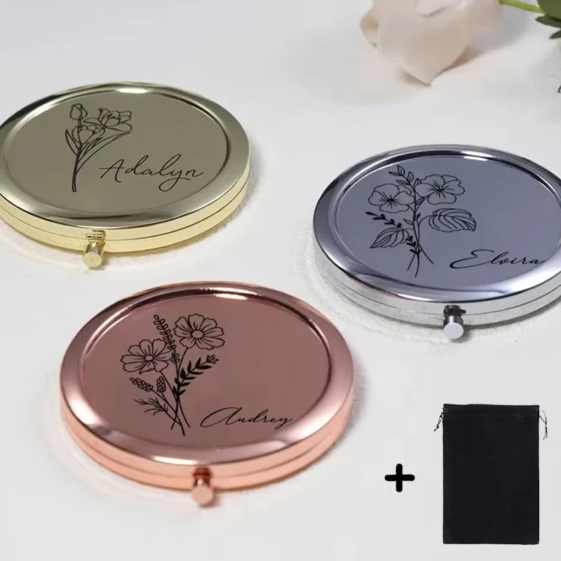 ส่วนบุคคล 7 ซม.กระเป๋าแต่งหน้ากระจกแกะสลักรอบโลหะกระจกขนาดกะทัดรัด Hen Night Party ของขวัญเพื่อนเจ้าสาว Rose Gold/กระจกทอง