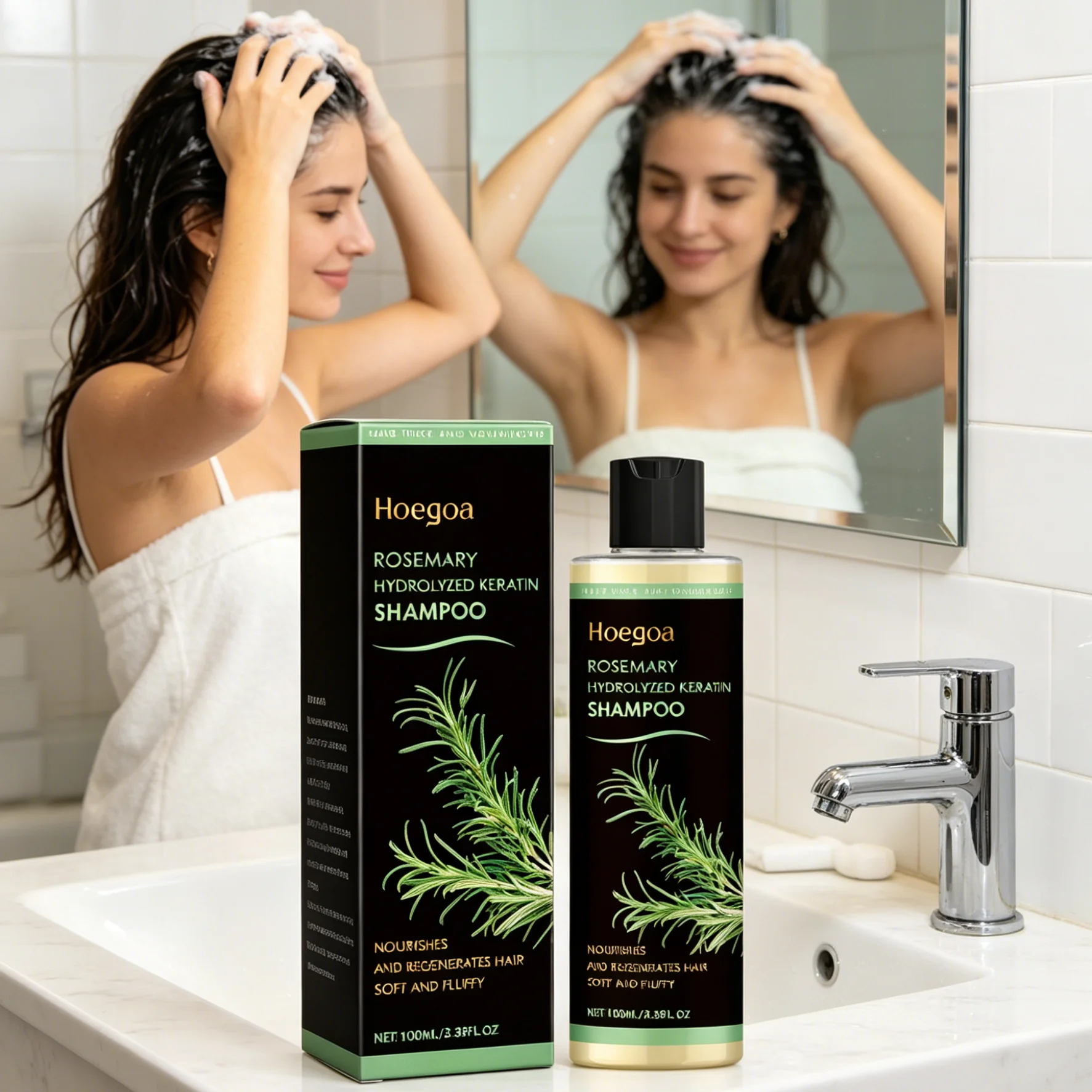 Hoegoa Organic Rosemary Hair Growth Shampoo Thicken Hair Strengther Nourishing Hydrolyzed Keratin Anti Hair Loss Shampoo 100ml