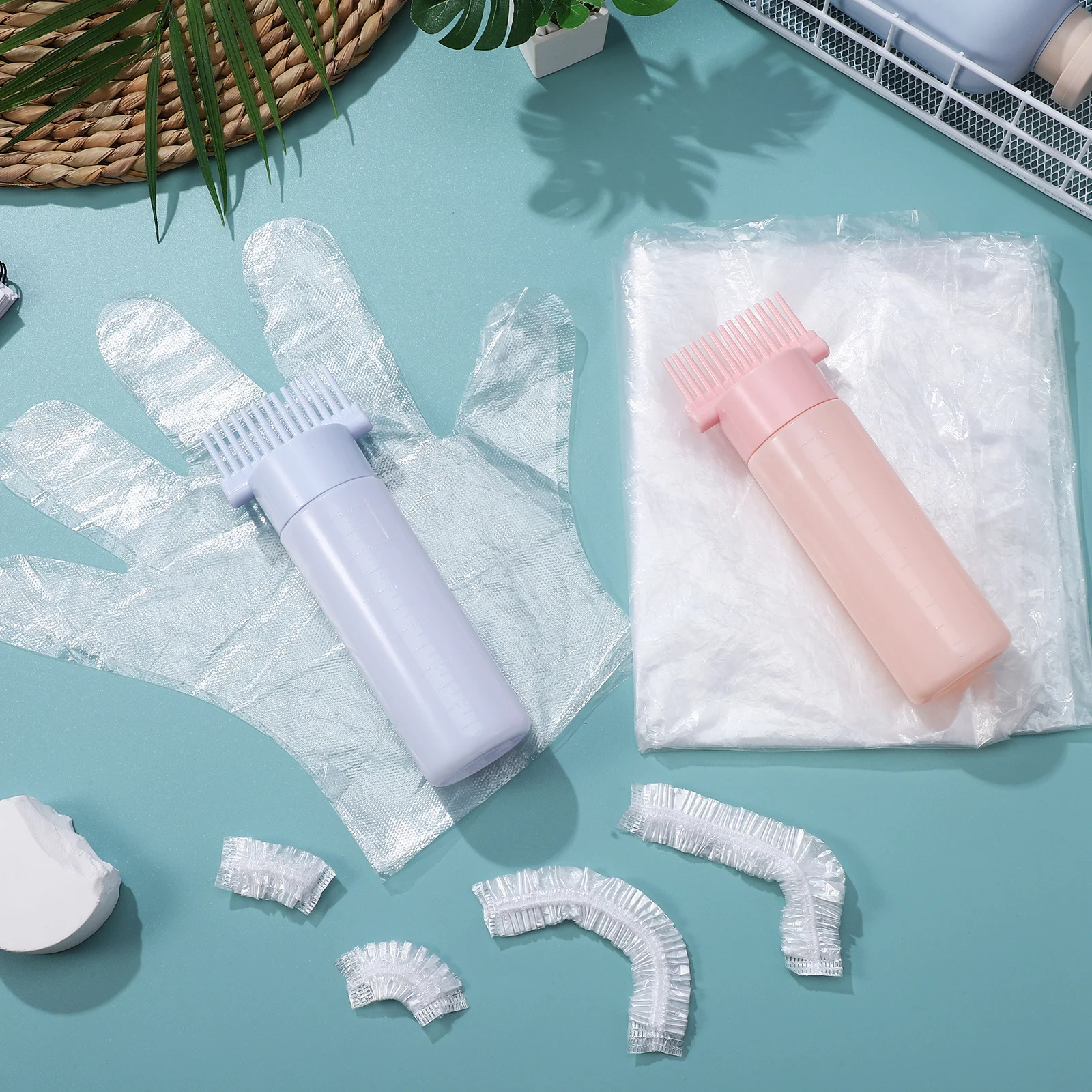 2 قطعة زجاجة قضيب مشط الزيت مع قفازات غطاء رأس واقيات الأذن أنيق ومتين من مادة البولي ايثيلين للاستخدام المنزلي في الصالونات