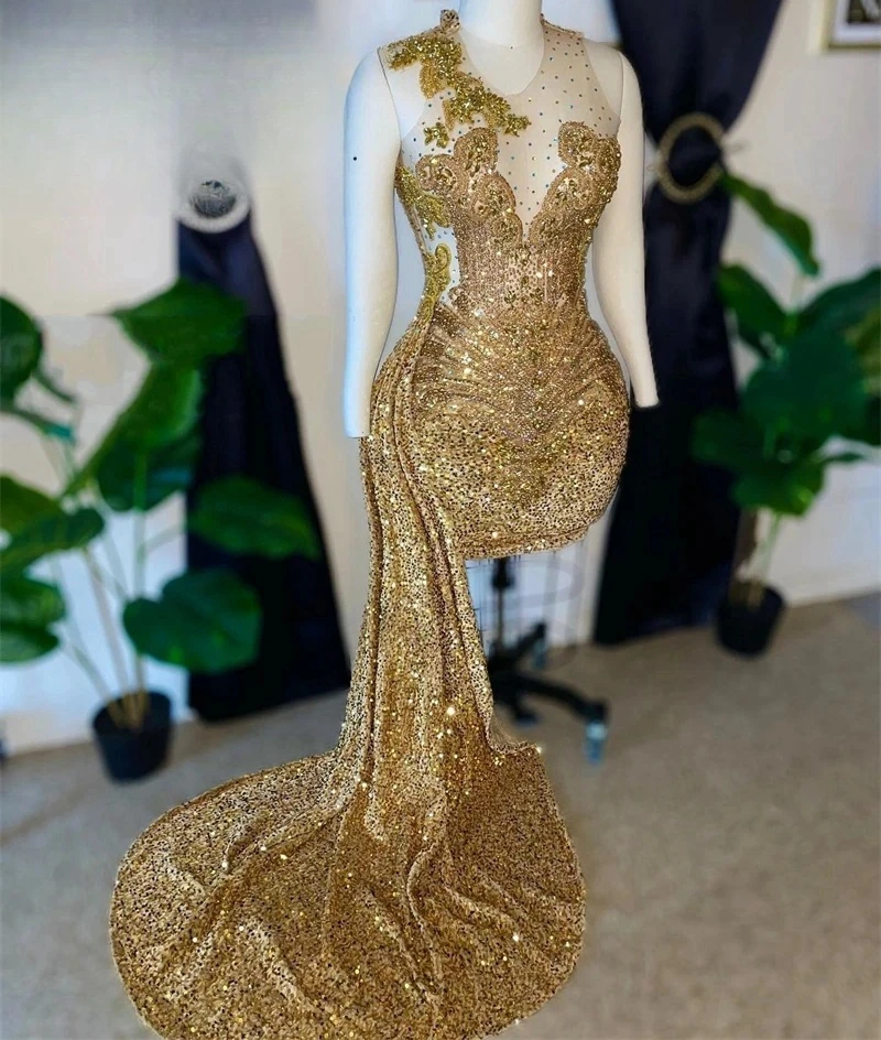 Gold African American Prom Dresses Sheath Sheer Sequins Beaded Black Girls Birthday Party Cocktail Dresses Nigeria Customized