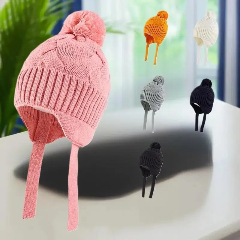 니트 아기 모자 스카프 세트 겨울 따뜻한 여자아이 비니 플리스 안감 유아 어린이 모자 폼폼 장식