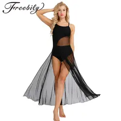 Women Lyrical Dance Dress Sleeveless Sheer Mesh Leotard Dresses Ballerina Ballet Ballroom Dancing Skating Performance Dancewear