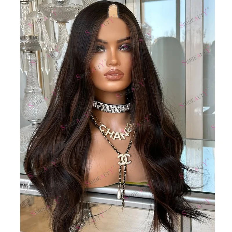 

Super Long Wavy Highlight Chocolate Brown Opening 1x4 U Shaped Human Hair Wigs for Black Women Easy Wear Glueless V Part Wigs