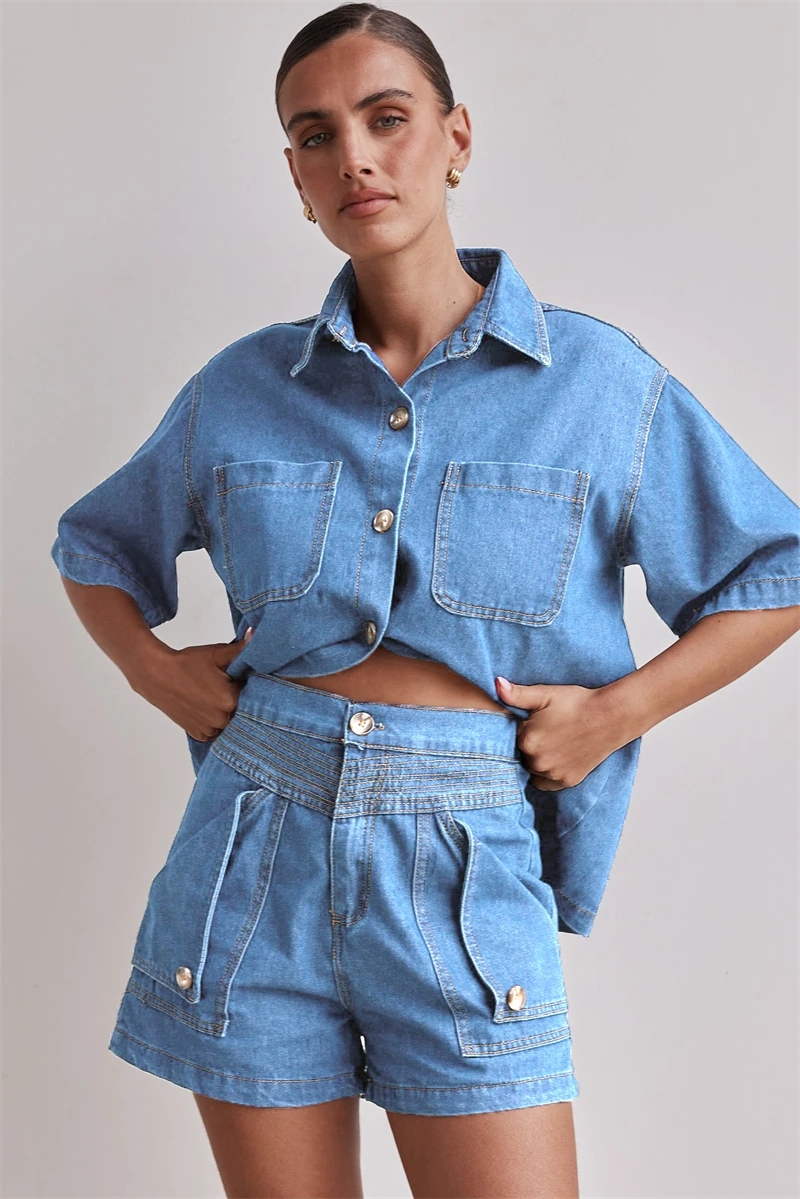 

Streetwear Denim Shirt Top Jean Shorts Sets Summer Clothing Women Jean Shirt Denim Shorts Suit Casual 2 Piece Sets Women Outfits