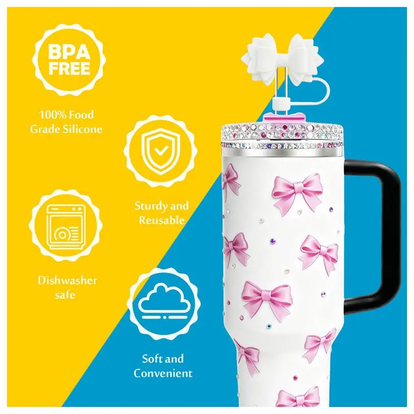 Diamond Bow Straw Covers Set Cute Silicone Dustproof Toppers for 30/40oz Stanley Cup Compatible with 0.4in/10mm Straws