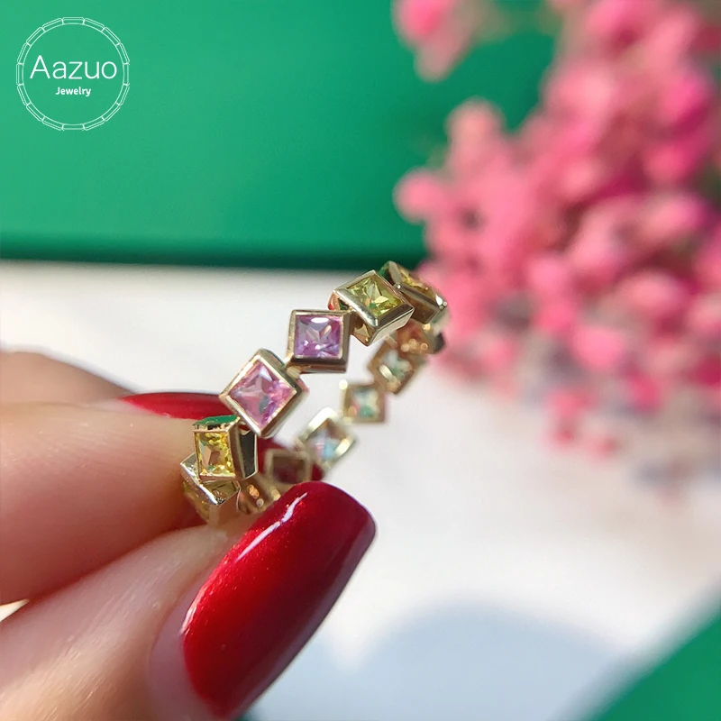 Aazuo 18K Yellow Gold Natrual Different Color Sapphires Irregular Rainbow Ring Gifted For Woman Wedding Day Deluxe Banquet Party