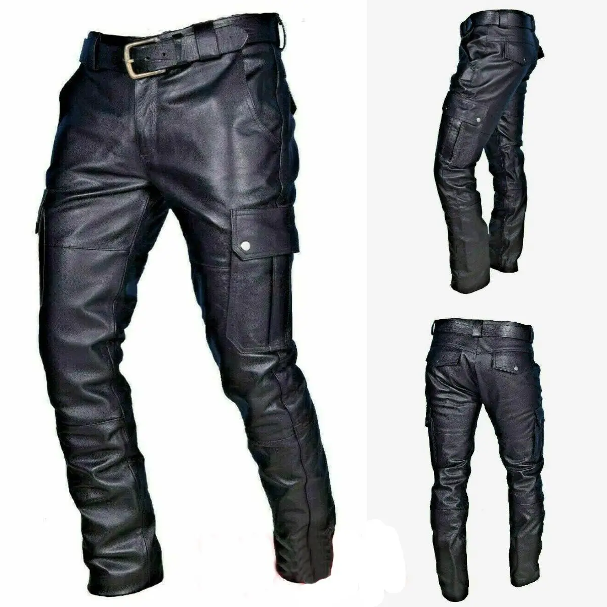 

Men's Pure Color Motorcycle Leather Pants 2024 Autumn Winter Slim Fit Long Trousers Riding PU Leather Youth Casual Fashion