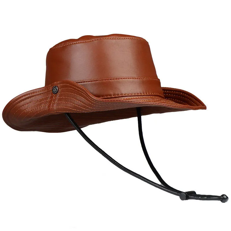 Men Genuine Leather Bucket Hat Outdoor Sun Protection Cowboy Fishing Hat Adjustable Chin Strap Vintage Casual Travel Bucket Cap