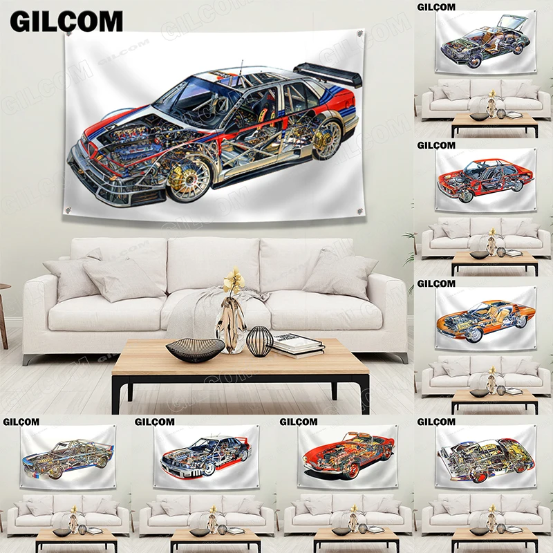 Racing Car Flag Component Diagram Car Chart Banner Polyester Printed Tapestry Poster for Garage Bedroom Living Room Decor