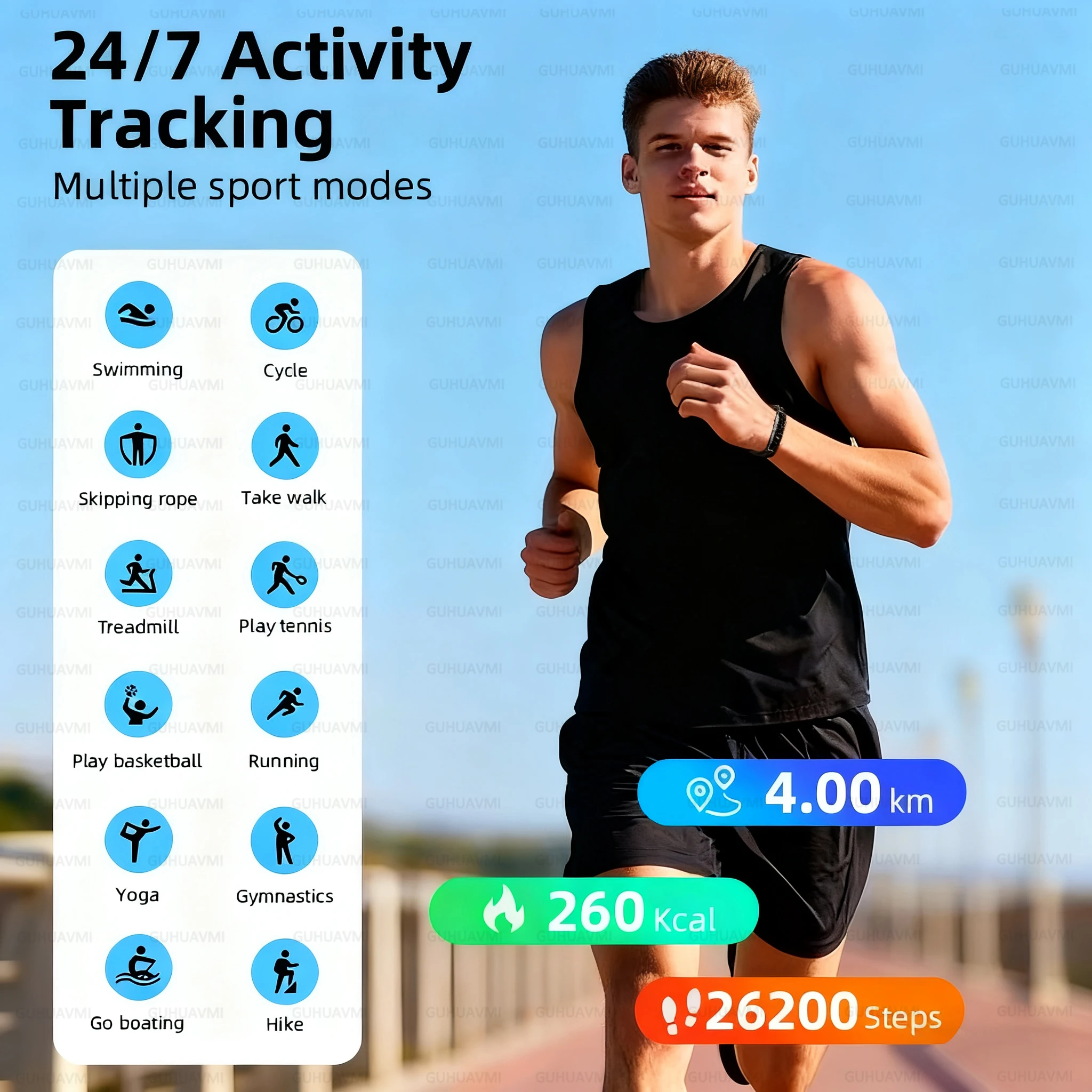 GUHUAVMI Smart Bracelet All-Round Health Tracking with Pressure Detection Heart Rate Blood Oxygen Step Count IP68 Waterproof Men