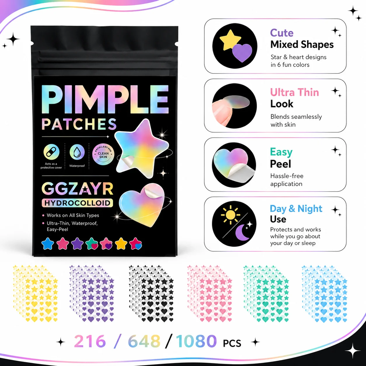 216/648/1080PCS Colorful Star Heart Face Patches, 6 Colors Cute Pimple Stickers, Hydrocolloid Beauty Patches for Daily Use view 5
