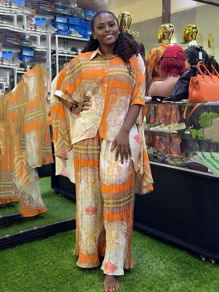 

2025 Summer Women's retro geometric print irregular loose shirt two-piece set + Elastic waist drape pleated wide-leg pants set