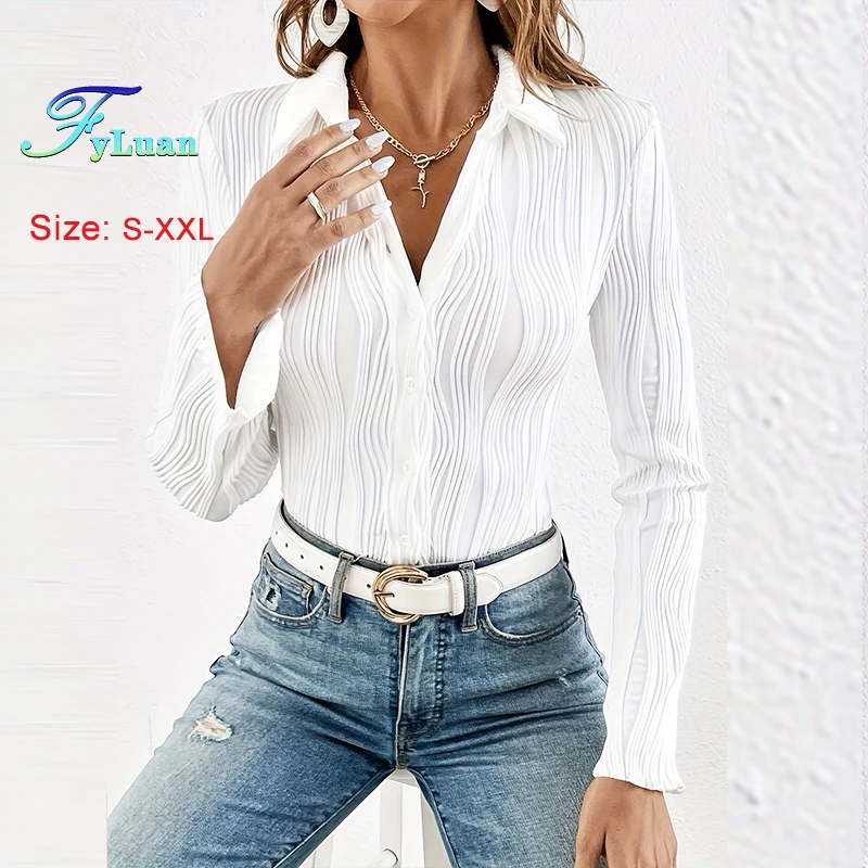 

2025 New Fashion Versatile Women Shirt Turn Down Collar Solid Color One-Breasted Comfortable Texture Long Sleeve Commuting Tops