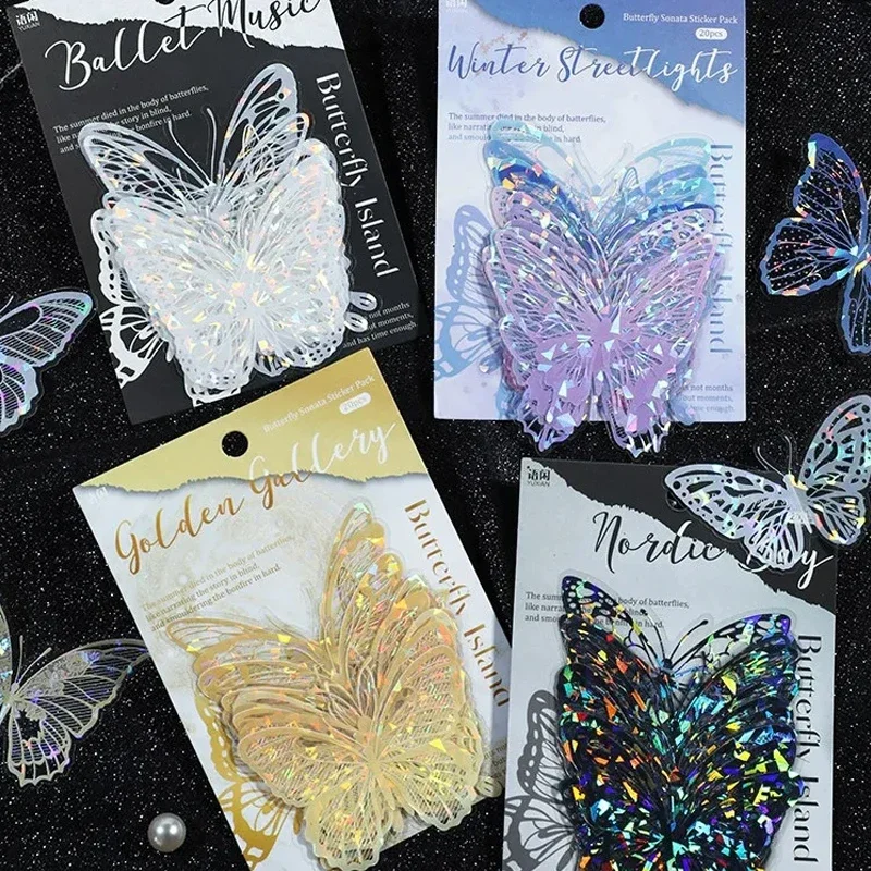 Laser Flash Hollow Out Butterfly Stickers DIY Decorative Collage Scrapbooking Material Handmade Junk Journal Supplies