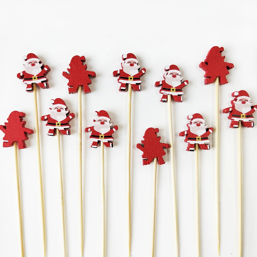 100Pcs Christmas Party Bamboo Skewers Xmax Santa Disposable Cocktail Sticks Buffet Dessert Fruit Fork Christmas Decoration 2023