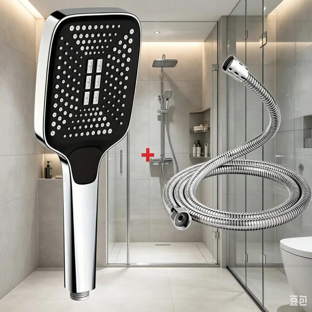 Pommeau de douche manuel carré en ABS haute pression avec tuyau de 1,5 m – Conception économe en eau pour le bain à basse pression, facile à nettoyer et à jet doux, pour usage domestique ou en location
