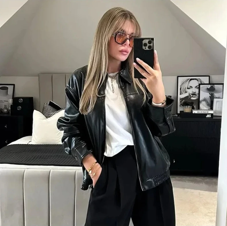 

Women's Vintage Oversized Bomber Jacket, Genuine Leather Zip-Up Coat with Turn-Down Collar, Streetwear Autumn Winter