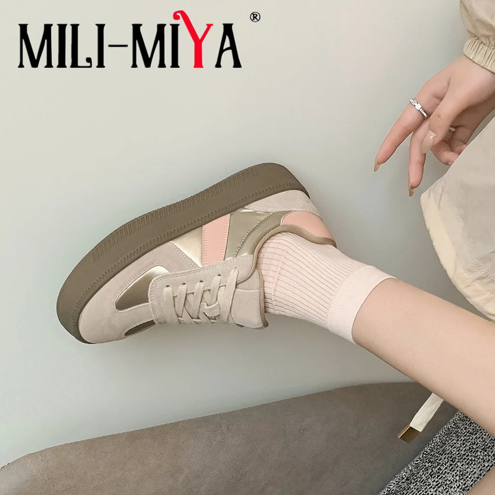 

MILI-MIYA Muffin Chunky Shoes Women Cow Suede Sneakers Round Toe Flat Heels Lace Up Casual Style Size 35-40 Handmade For Ladies