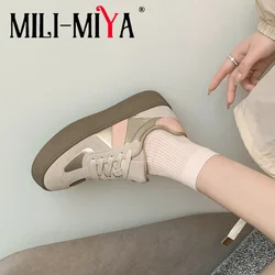 MILI-MIYA Muffin Chunky Shoes Women Cow Suede Sneakers Round Toe Flat Heels Lace Up Casual Style Size 35-40 Handmade For Ladies