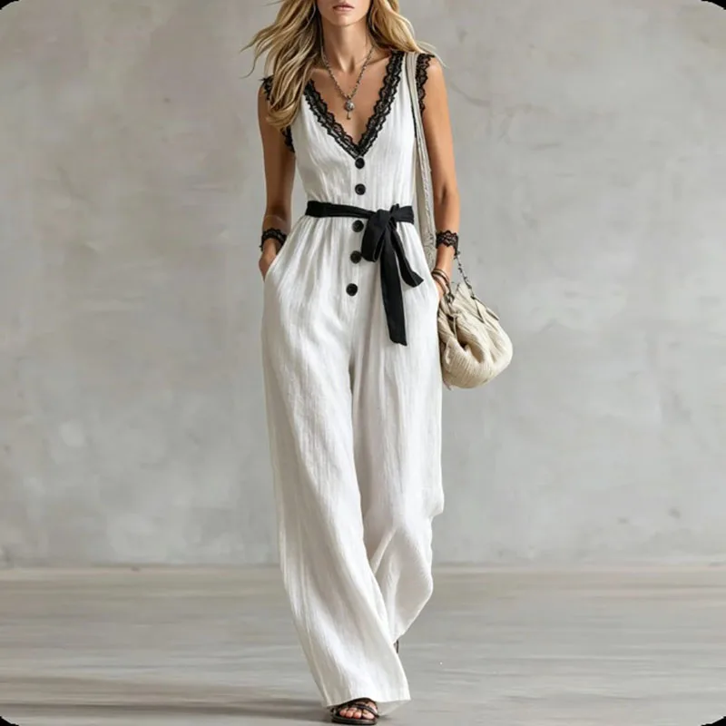 Elegant V-Neck Lace Trim Women Jumpsuit Sleeveless Pockets Belted Wide Leg Pants Overalls Summer Casual Loose Vacation Romper