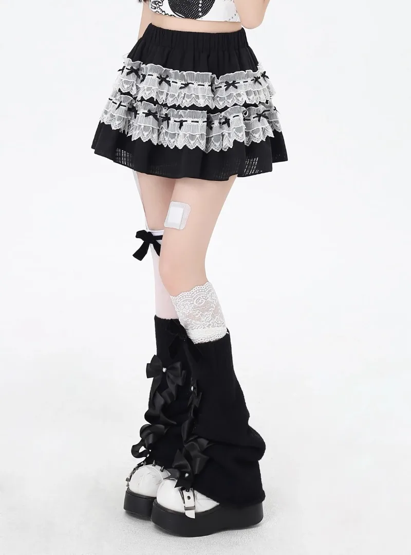 Japanese Black And White High-waisted Mini Skirts Lace Bow Sweet Versatile 2025 Spring Summer Puffy Cake Skirt Women's Clothing