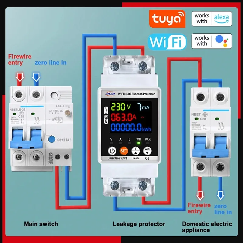 Tuya WiFi Automatic Protector Intelligent Circuit Breaker Single Phase Reclosing Switch Voltage Current Leakage Protective
