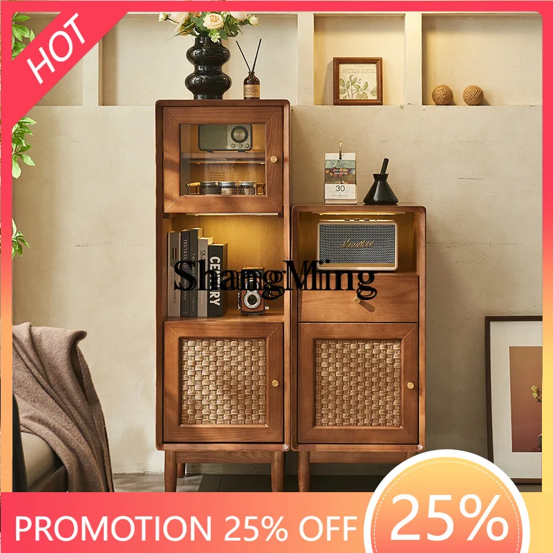 

SM Rattan Wine Cabinet Living Room Sideboard Storage Display Wabi-Sabi Style Solid Wood Storage Entryway Cabinet