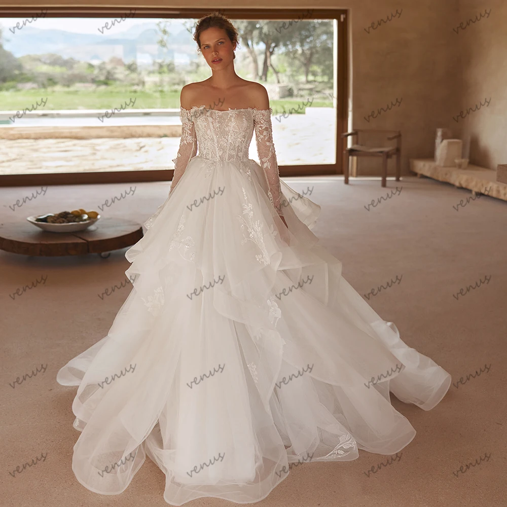 

Gorgeous Wedding Dresses A Line Tulle Tiered Bridal Gowns Lace Appliques Off The Shoulder Robes Vestidos De Novia Customized