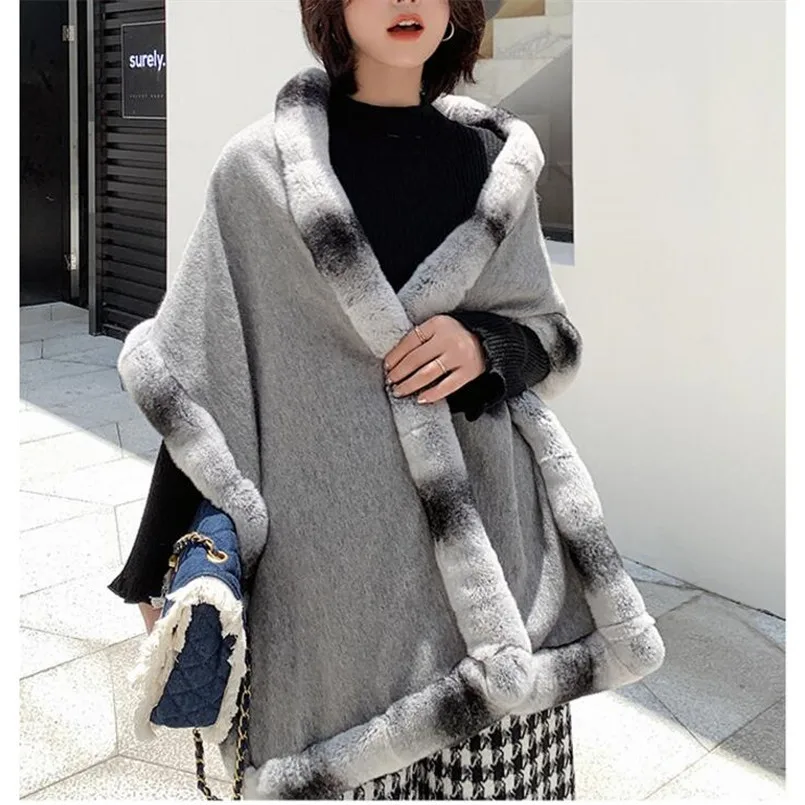 

Elegant 100% Wool Scarf with Genuine Rex Rabbit Fur Cape Fashion Chinchilla Color Winter Women Outdoor Shawl Party Dress Wraps