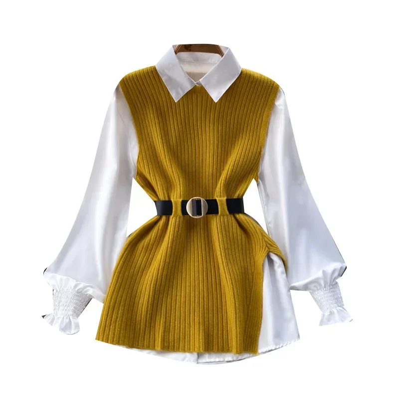 Women Outfits Loose Shirt Turndown Collar Long Sleeve Top Sashes Slit Knit Vest Two Piece Set Female Blouse 2024 Casual Suit