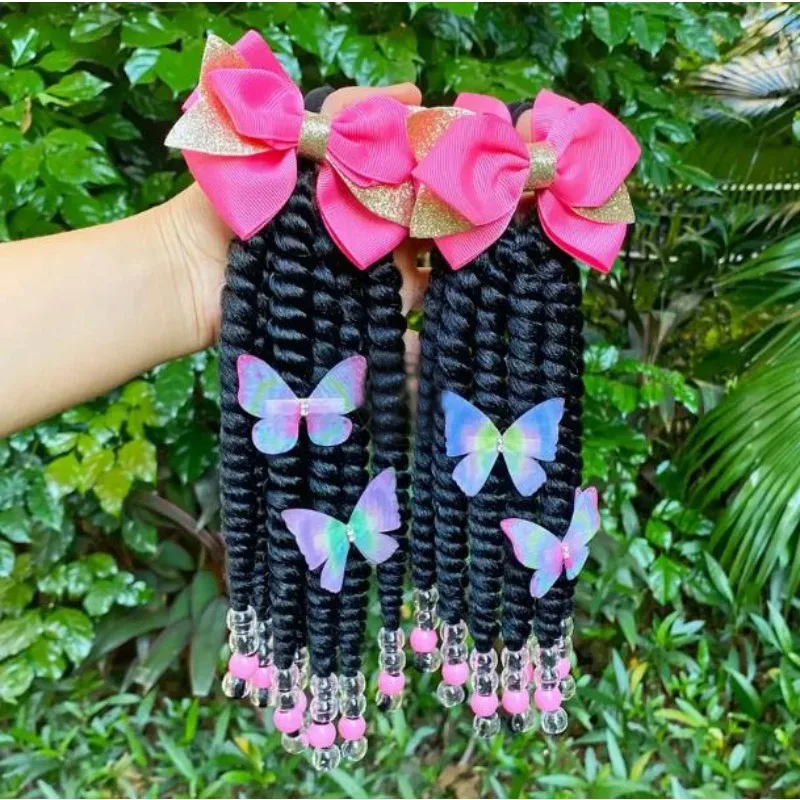 2 แพ็คผมเด็ก Twist หางม้าสังเคราะห์เลเซอร์ Glitter SHINY Bling Little Girls Braided Ponytails กับลูกปัดผีเสื้อ