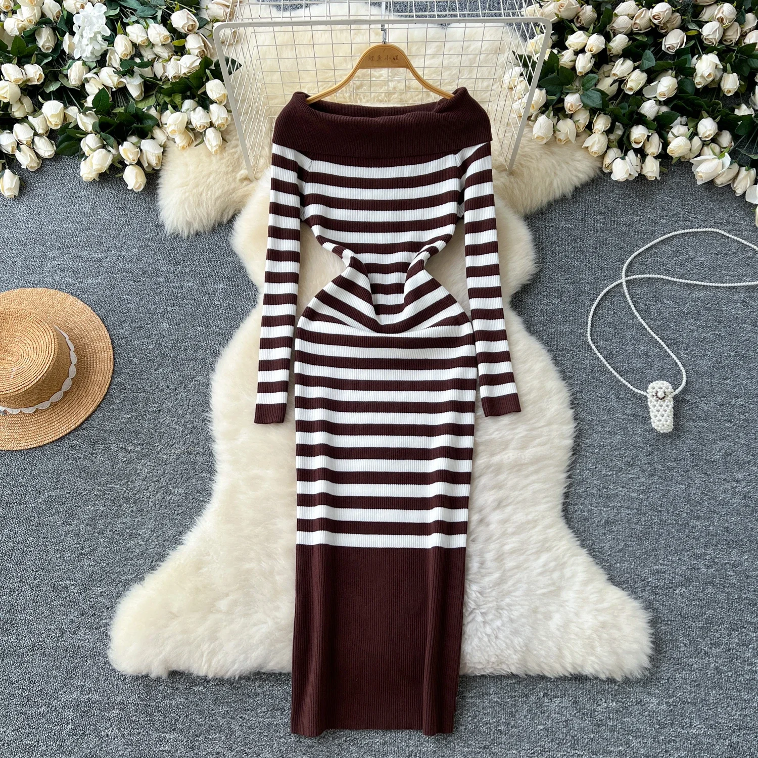 Chic Slash Neck Off Shouler Bodycon Knit Stripe Dress Long Sleeve Women Elegant Korean Fashion Vestidos Autumn Hip Wrap Dress