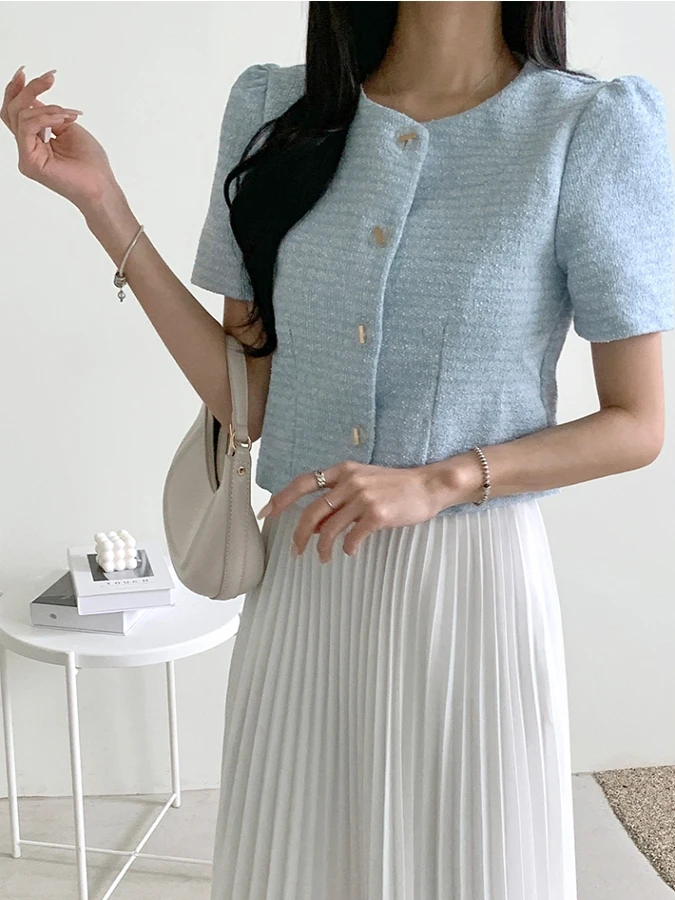 

Chic ort Woolen Suit Jaet Women's Slim Fit round Ne Single Button Sweet Sle ort Top Trendy Commute High Waist Polye...