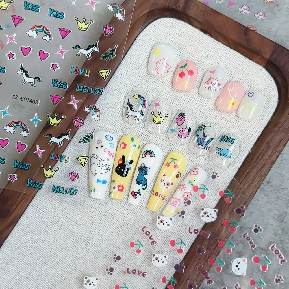 3D 귀여운 고양이 네일 스티커 카와이 예쁜 파란색 고양이/오렌지 고양이/고양이 발톱/작은 물고기 자체 접착 네일 데칼 고양이 슬라이더 diy 매니큐어