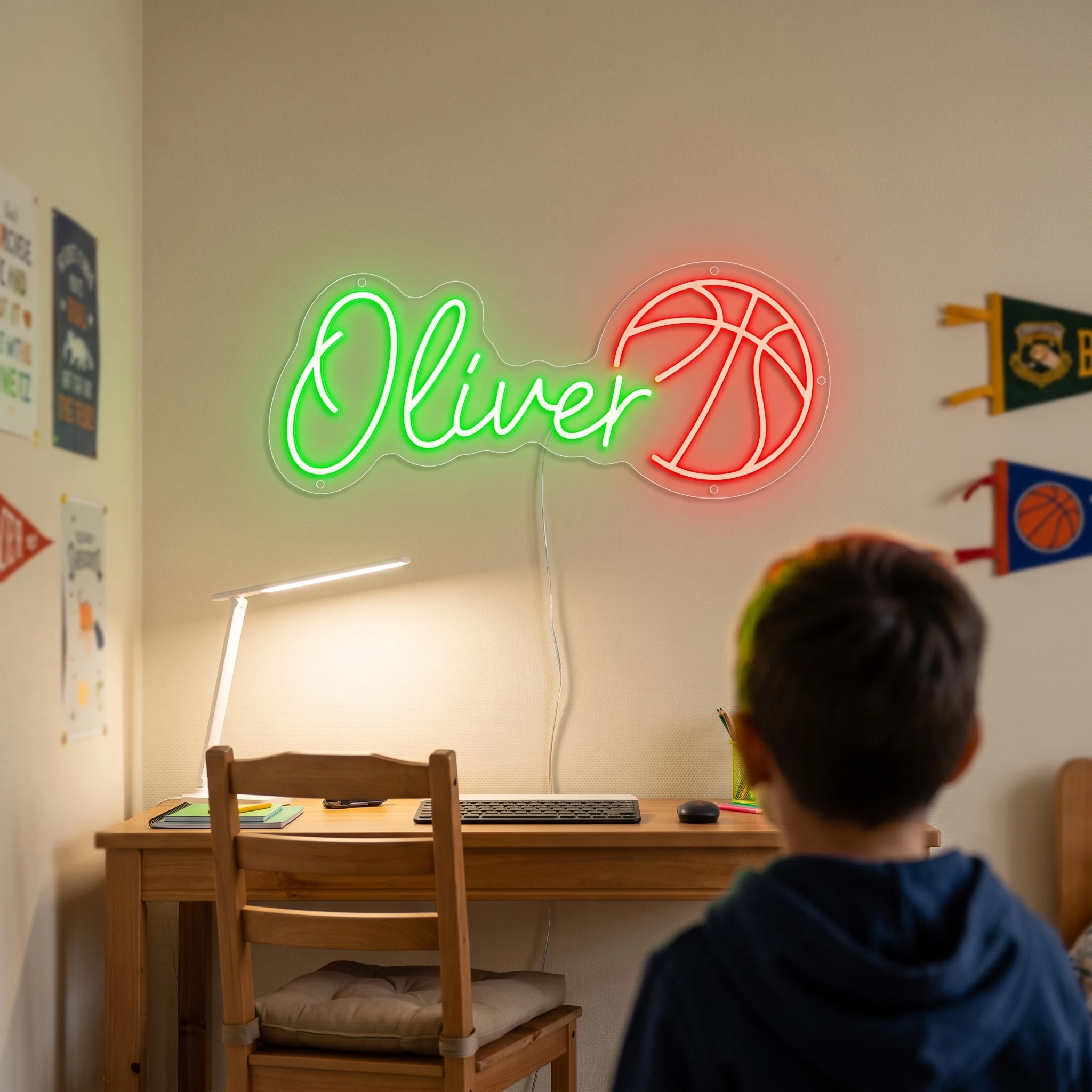 Basketball-themed customizable neon sign with LED lighting. Perfect for birthday parties, gifts, and home decor for children’s