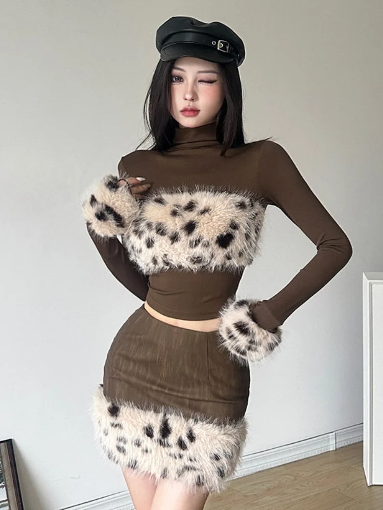 American Sweet and Spicy Leopard Print Plush Patchwork T-shirt + Skirt Set Women's High Neck Wrap Buttock Костюмы С Юбкой