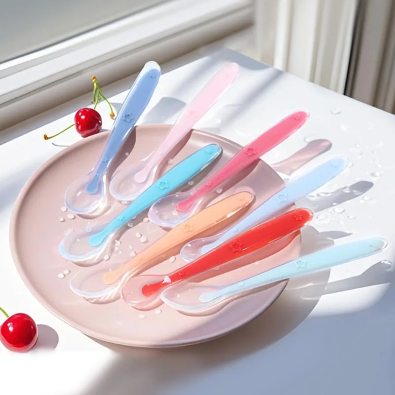 

9 Colors Baby Silicone Spoon Learning Spoon Star Pattern Large Small Spoon Set Soft Silicone Feeding Spoon Training Baby Reborn