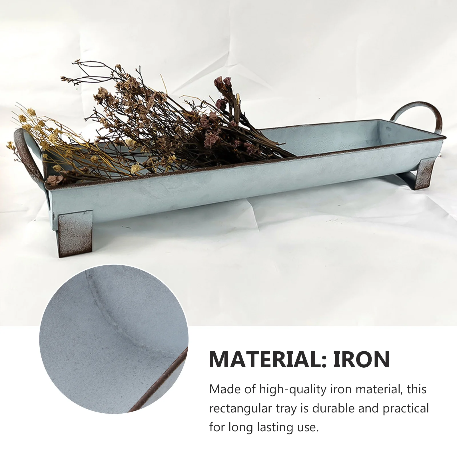 

Long Desktop Storage Tray Rectangular Iron Storage Container Handles Multipurpose Tray for Snacks Flowers Sundries Organizer