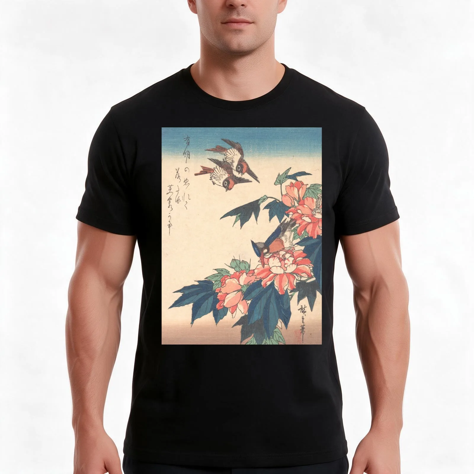 Swallows and Kingfisher with Rose Mallows T-Shirt Summer Casual Cotton Tee Oversized Streetwear Tops Vintage Graphic Print