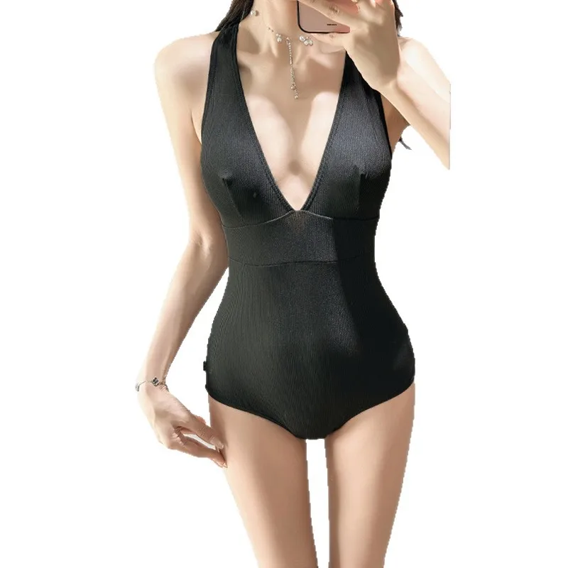 섹시한 케이팝 블랙 비키니 백리스 크로스 딥 브이넥 수영복 원피스 바디수트 비키니 비치 의상 비키니 수영복