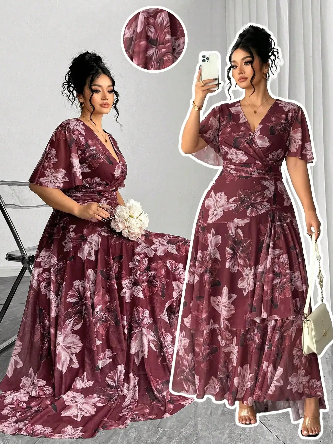 

Plus Size Women Elegant Floral Print Wrap Maxi Dress Deep V Neck Short Sleeve A-Line Floor Length