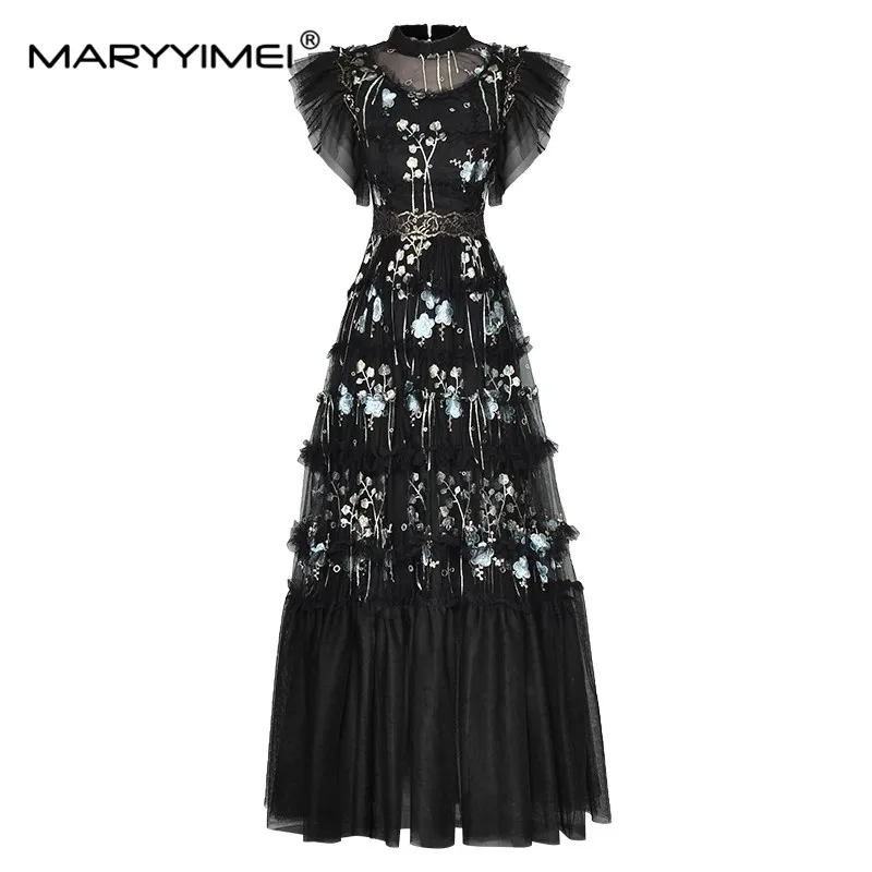 MARYYIMEI Fashion Summer Women's dress Butterfly Sleeve Mesh Embroidery Wood ear edge Black Vintage Elegant Party Dresses