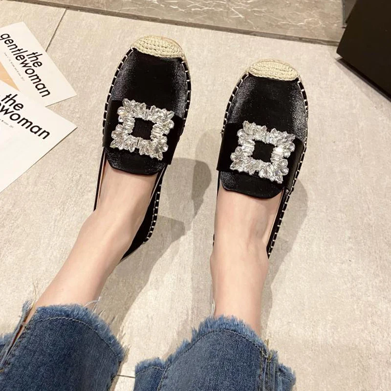 ผ้าซาตินผ้าไหม Espadrille รองเท้าแตะผู้หญิงบิ๊กสแควร์คริสตัล Buckle Loafers สุภาพสตรีออกแบบแบรนด์ Elegant Slip-On Fishman