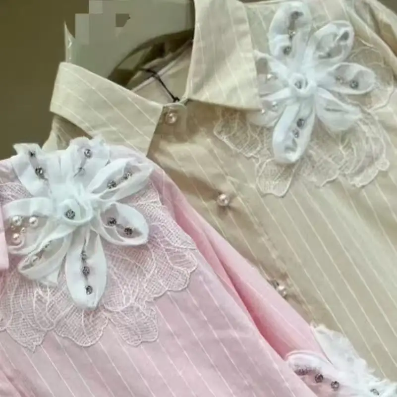 

New In 2025 New Fashion 3D Diamonds Flowers Stitch Stripe Shirts Blouses For Women Loose Casual Long Sleeve Shirts Tops Clothes