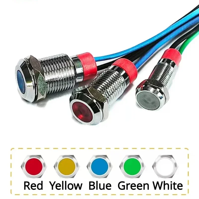 1pcs 6mm 8mm 10mm 12mm Metal LED Warning indicator light Waterproof IP67 Signal Lamp Pilot Wires switch 3V 5V 12V 220V Red Blue