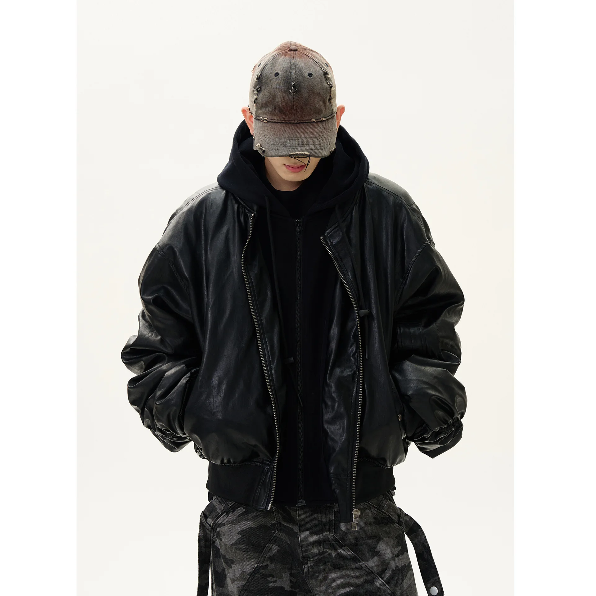 

American retro leather jacket men with hood autumn winter trendy high-end loose casual cotton-padded