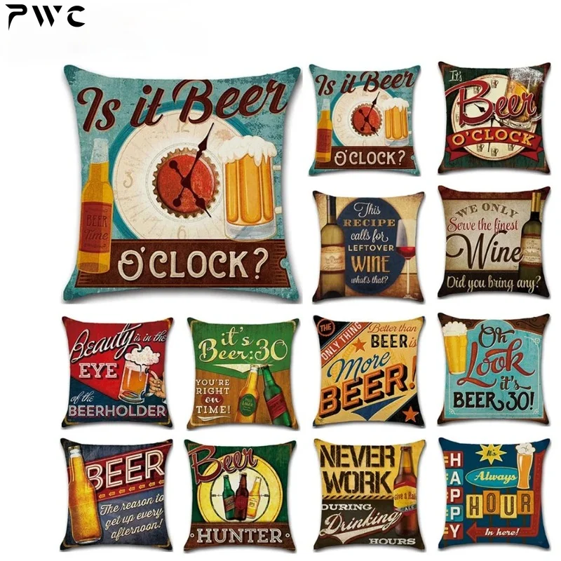 

Винтажная наволочка для пивной бутылки с героями мультфильмов, наволочка с алфавитом и пивом, винтажная домашняя декоративная льняная наволочка