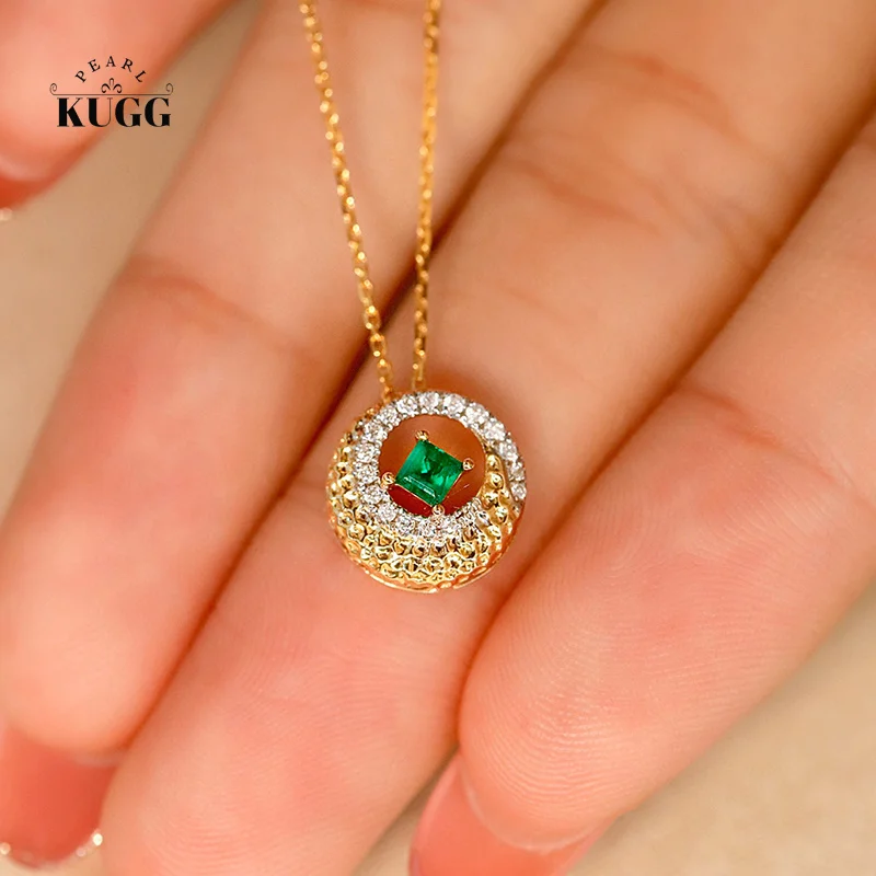 

KUGG 18K White and Yellow Gold Necklace Romantic Moon Design Real Diamond Natural Emerald Necklace for Women Anniversary Gift