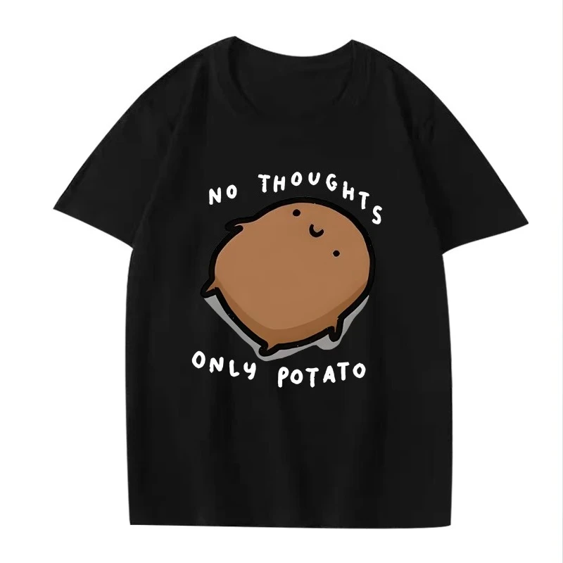 Camiseta con estampado de dibujos animados para mujer, camiseta informal de manga corta con gráfico de patata "No pensamientos solo patata", ropa