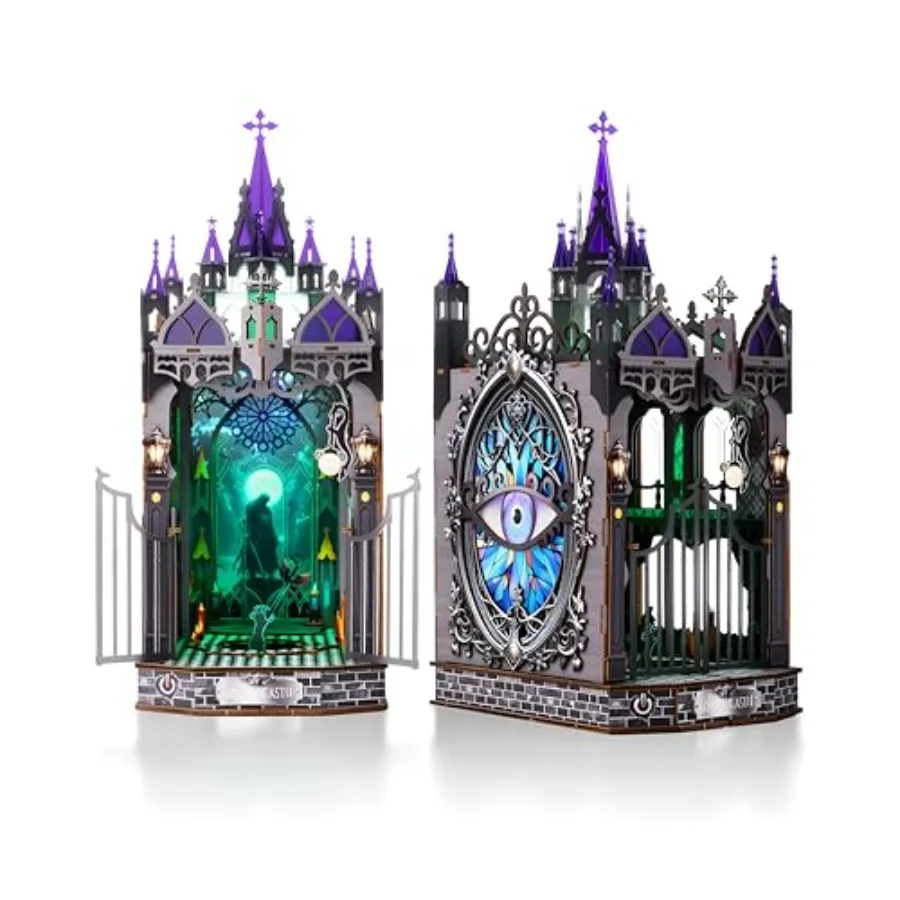 

Book Nook Kit for Adults3D Wooden Puzzle DIY Miniature Booknook Bookend Bookshelf Decor with LED Light Gothic Castle Bookshelf
